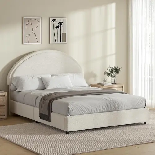 HOMBCK Queen Size Boucle Upholstered Platform Bed Frame - Arched Round Headboard, Rounded Corners, Cloudlike Foam, Modern Design, Room Upgrade, No Mattress/Box Spring Needed, Easy Assembly, Smooth Velvet #SohoChic#Homemakeover (Curved Bed Frame), Queen Si