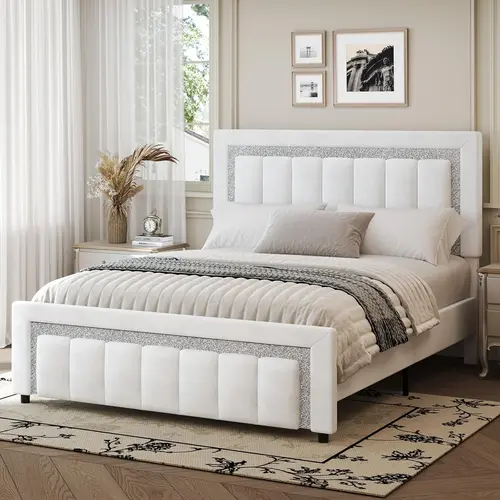 HOMBCK Queen Size Bed Frame - Velvet Upholstered Diamond Soft Adjustable 3-Mode Headboard, Vertical Channel Tufted, 8-12" Mattress Fit, 7.5" Under Storage, No Mattress/Box Spring Needed, Easy Assembly (Manual Included), Modern Bedroom Decor Piece