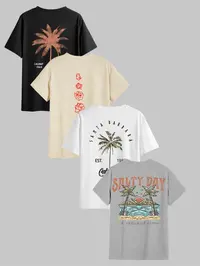 Men's Letter & Tropical Palm Tree Print Short Sleeve Round Neck T-Shirt, Casual Comfy Loungewear for Daily Wear, All Seasons