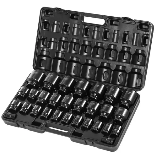 VEVOR 3/4 in Drive 29-Piece 6-Point SAE CR-Mo Tool Kit Set, Impact Socket Set with High Torque Grip, Stronger Flat Grip for Wheel Lug Nuts, Rugged Construction, Chrome Vanadium Option, Heavy-Duty Vehicle Use, Storage Cage