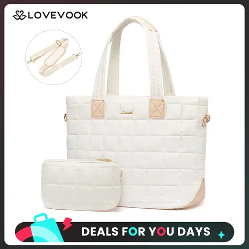 LOVEVOOK 17.3'' Puffer Laptop Tote Bag for Women,Large Work Bag,Lightweight Quilted Travel Bags for College, Work, and Everyday Use, Nylon Tote Bags with Clutch Purse,Quilted Laptop Tote with Clutch,TikTokFallDealsForYou