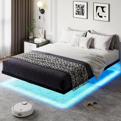 [Summerwins] HOMBCK Floating Bed Frame with LED Lights,  No mattress, Metal Platform with Heavy Duty Steel Slats, No Box Spring Needed, Easy to Assemble #summer garden,fathers day gift ideas