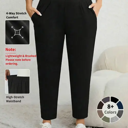 Plus Size Solid Plicated Pocket Elastic Waist Joggers, Casual Sporty High Waist Trousers for Women, Women's Sportswear for Indoor Outdoor Wear, Women Workout Clothes, Fitness Trousers, Yoga Sports Trousers