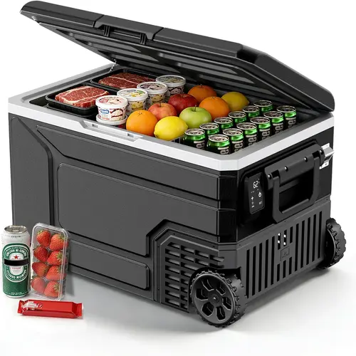 XBEAUTY 68QT(64L) 12V Low-Noise 50dB Compressor Refrigerator - 45W Low Power Consumption Quiet Design Cooler, -4℉-68℉ 12/24V DC 100-240V AC Rolling Portable Freezer with Wheels+Handle, 2 Baskets, Ice Box for Camping,Picnic