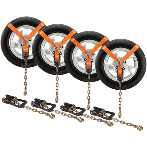 4-Pack Lasso Style Cargo Trailer Straps - 2-in x 120-in Polyester (20% More Length), Heavy Duty Chain Hooks, Molded Grip, Metal Ratchet, Effortless Operation, 5,865 lbs Capacity Luggage Accessory for Automobile Maintenance, ATV Tie-Down Fit