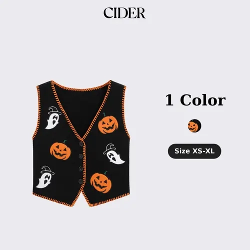 Cider Knitted V-neck Halloween Pumpkin Ghost Contrasting Binding Vest