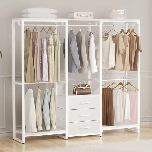Heavy Duty Garment Rack Clothes Rack with Wood Stoarge Shelf ＆ 3 Fabric Drawers, Freestanding Wooden Closet System Wardrobe Rack,Clothes Hangable,dorm essentials,home decor