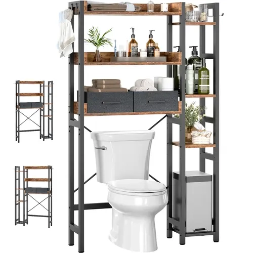 Cyclysio Wood Over-The-Toilet Bathroom Storage Cabinet - Compact Design Space-Saving Adjustable Organizer Bathroom Furniture with 2 Drawers, Adjustable Tiers, Fabric Organizer, Steel Base, Drawers and Storage, Assembly Required