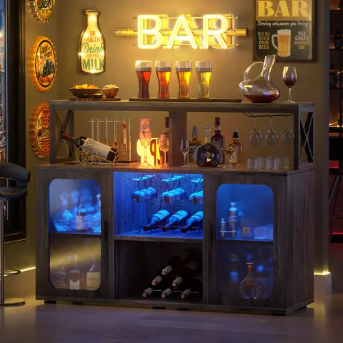 Cyclysio Wine Bar Cabinet with Racks and Glass Holder, Storage Buffet Cabinet Coffee Bar Cabinet with RGB LED Lights ＆ Power Outlets Utensils