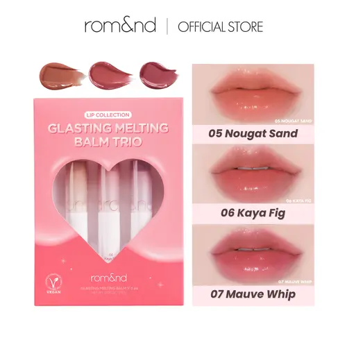 rom&nd Glasting Melting Balm Trio Lip Combo Set - Vegan 05 Nougat Sand, Kaya Fig, Mauve Whip 3-Shade Waterhold Makeup Products with Long Lasting Glossy Lipstick, Lipgloss, Tint, Moisture, Dewy Finish Lip Care for Beauty Selfcare