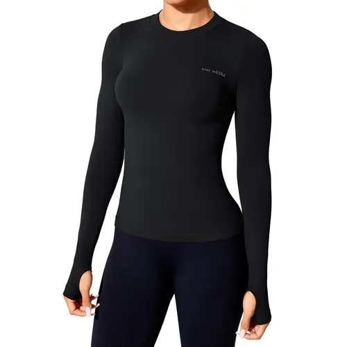 Women's Letter Print Thumb Hole Design Baselayer Top, Long Sleeve Round Neck T-shirt for Skiing Gym Workout, Ladies Sportswear Activewear for All Seasons, Athletic Yoga Tops, Fitness Shirt, Activewear Clothing