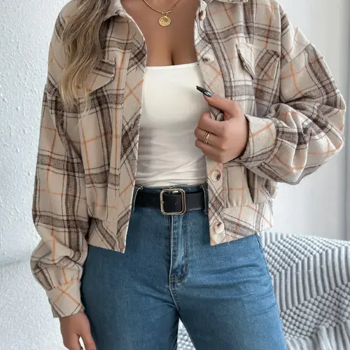 【Black Friday】Women's Plaid Button-Front Drop-Shoulder Jacket, Casual Long-Sleeve Collared Outerwear for Fall & Winter Daily Wear