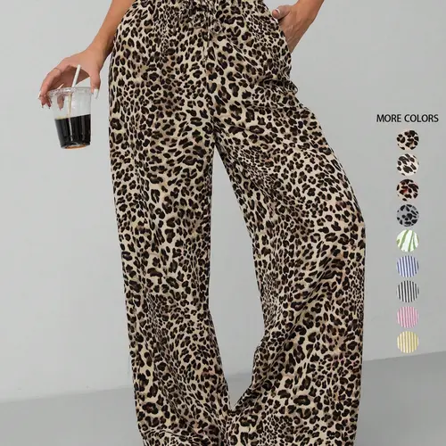 Women's Leopard Print Tie Front Pocket Wide Leg Pants, Casual Comfy Straight Leg Trousers for Daily Wear, Ladies Bottoms for All Seasons, Womenswear, Casual Chic Trousers