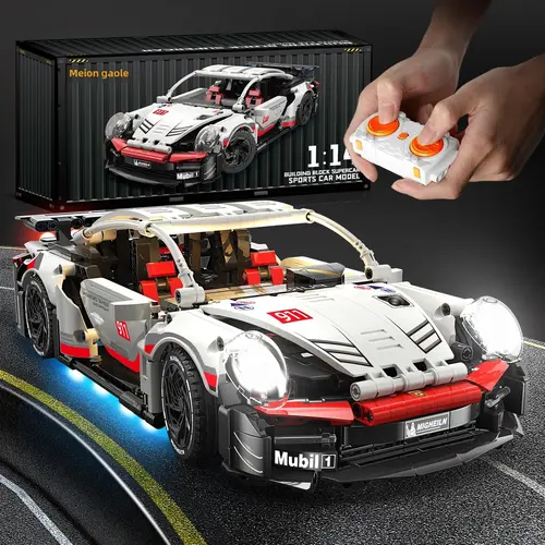 1:14 RC 911 Building Block Race Car Kit, 1000+ Pieces, Dual Motors, 18 LED Effects & 3 Light Modes, 2.4GHz Remote Control, Acrylic Display Case, Ages 8+, Holiday Gift