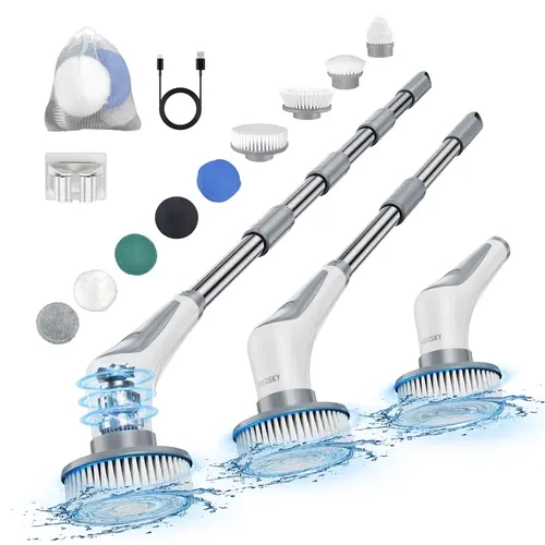 PRASKY Cordless Electric Spin Scrubber, IPX8 Rechargeable Multifunction Scrubber with 9 Replacement Heads, 4-Layer 2-Speed Expandable Rotary Brush for Family Household Items, Kitchen Household Products, Bathrooms