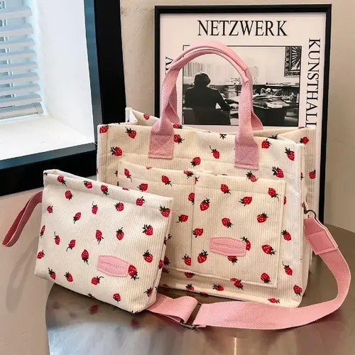 【Black Friday】Women's Strawberry Pattern Tote Bag & Pouch, Casual Versatile Crossbody Shoulder Bag & Storage Pouch, Trendy High-Quality Daily Commuting Bag