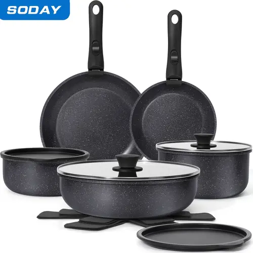 SODAY New 15-Piece Detachable Handles Nonstick Cookware Set - Black/White, Oil-Resistant, Induction-Compatible, Compact, Oven-Safe, Dishwasher-Safe Pots and Pans, Anti-Adhesive (Thanksgiving, Black Friday)
