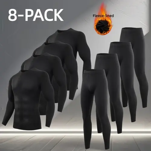 OKP Men's Thermal Long Sleeve 2-Pcs Plain Underwear Set - Black, Quick-Drying Polyester-Spandex Base Layer Top & Trouser, Full Coverage, Winter Outdoor Skiing (8 Pack of 2 Sets Black Men's Clothing)