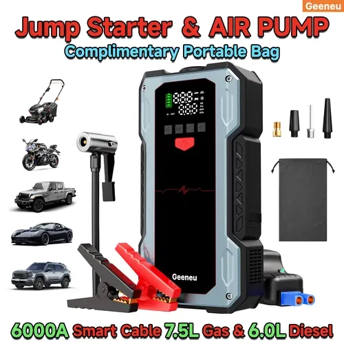 Geeneu 6000A Automotive Car Jump Starter Pre-Assembled Kit - 25000mAh Power Bank, 150PSI Tire Inflator, LED Light, 2026 All-Season Model, Reliable at -20°F, Compatible with Most Cars & Trucks, Batteries Included, 1-Year Warranty for Drivers