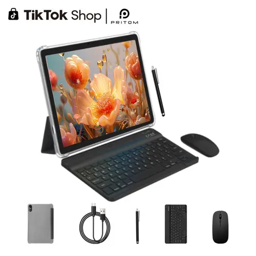 [Stock Up] PRITOM New Android 10-Inch Tablet with 4+12GB RAM, 64GB Storage, USB Port, Rear Camera, HD Screen, Full Bundle (Keyboard, Mouse, Case, Stylus) – Perfect Back to School Gift (Yes, Eligible for Stock Up Deals)