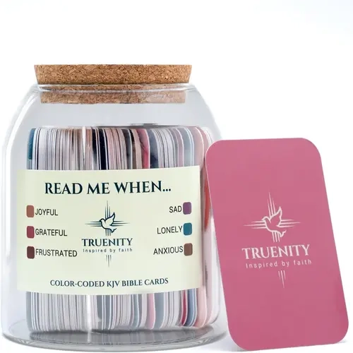 TruFINITY Read Me When Glass Bible Verses Jar - 102 KJV Color-Coded Verses, Large Text Cards for Emotions, Cork Lid, Religious Home Decor
