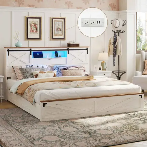 Sikaic Farmhouse Bed Frame with Storage Bookcase Headboard, Wooden Bed with LED Lights, Charging Station, 2 Drawers, Country Rustic Bed Frame with Sliding Barn Door, Home Furniture Christmas Gifts cozy home familyfun [TikTokShopblackfriday]