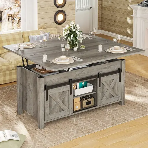 SIKAIC 4-in-1 Foldable Lift-Top Wooden Coffee Table - Rectangular, Adjustable Height, Hidden Storage, Engineered Wood Contemporary Multifunctional Apartment Indoor Living Room Table, Rectangular Table