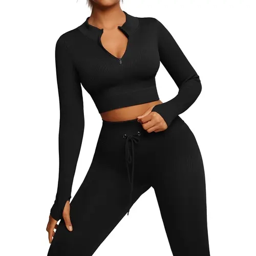 FeelinGirl Seamless Long Sleeve Sportswear Set Workout Set Crop Top & Leggings