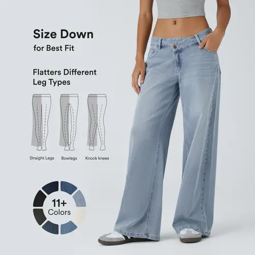 Halara Flex Asymmetric Low Rise Zipper Pockets Baggy Wide Leg Washed Casual Jeans