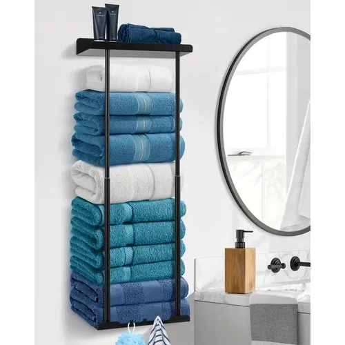 Hommtina Matte Black Towel Holder - Bathroom Shower Organizer, Minimalist Modern Rustic Corrosion-Resistant Metal, Large-Capacity Vertical Storage Frees Floor, Nail-Mount Roll-Up Space-Saver, 30.5x11.8x6.5in, Easy Installation, Bathroom Shower Organizers