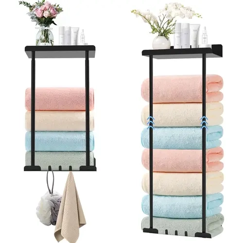 Hommtina Black Retractable Metal Steel Towel Rack - Wall-Mounted Rectangle Bathroom Accessory with Installation Kit, Reliable Hooks, Exquisite Design, Large Capacity, Black Finish Pairs with Modern Decor, Modern Home Decor for Apartments