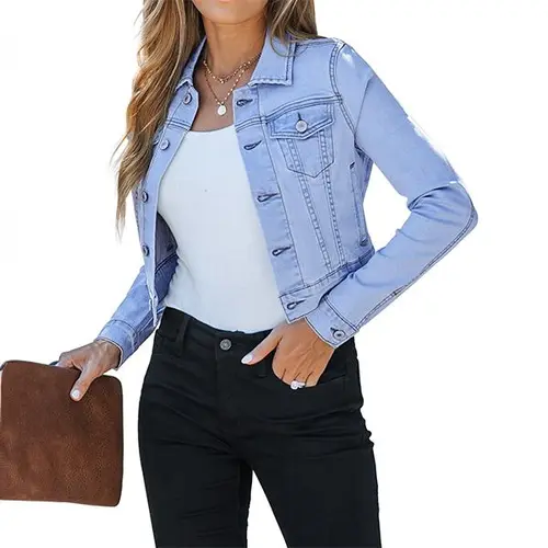 luvamia Women's Fashion Basic Cropped Denim Jacket - Stretchy Fitted Long Sleeve Lightweight Outerwear with Pockets, Women's Tops & Coats for Cruise Casual Wear