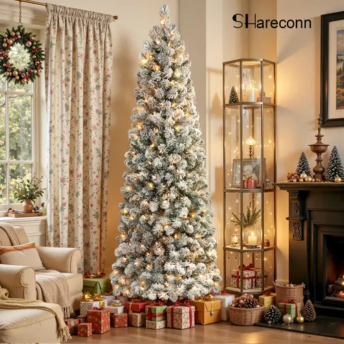 SHareconn 4/5/6/7/7.5/8/9FT, Pre-lit Snow Flocked Slim PVC Christmas Pencil Tree,  Warm White Lights, Dense Removable Branches, Sturdy Stand Keeps Tree Upright, Art Deco Romantic Festive Decoration for Holiday Decor Setup