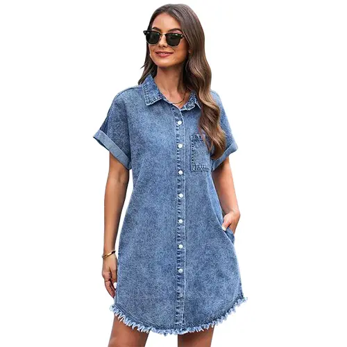 luvamia Denim Dresses for Women Distressed Summer Short Sleeve Button Down Collared Raw Hem Jean Shirt Dress with Pocket