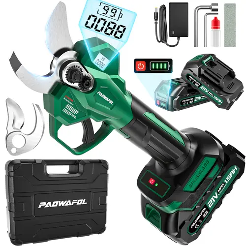 PAOWAFOL Electric Pruning Shears, Cutting Diameter Cordless Electric Scissors with LCD Display, 21V Brushless Motor Branch Cutter with 2 PCS Rechargeable 2000mAh Batteries & 2 Blades (Green)