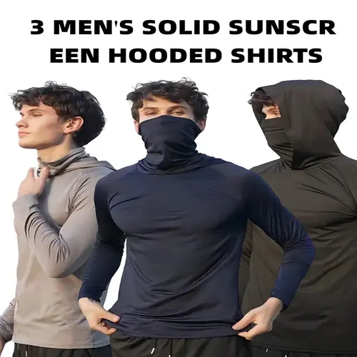 OKP Men's 3-Pack Sun Protection Hoodie with Mask - Long Sleeve Dry Fit Shirts, Breathable Lightweight Stretchy Fitted Basic All Seasons Training Top, Ideal for Hiking, Fishing