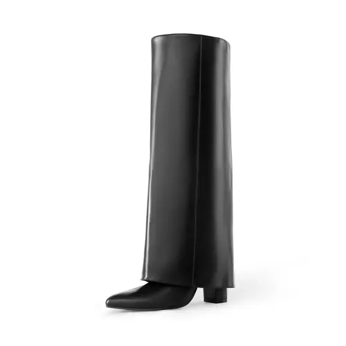 Dream Pairs Women's Fold-Over Knee-High Boots - PU Leather, Pointed Toe, Chunky Heel, Side Zip, 4mm Latex Cushioned Insole, Casual Party Statement Footwear, Height Increase Solution