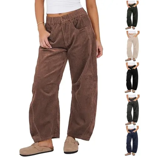 Molitree Women's Corduroy High-Waisted Barrel Leg Cropped Ankle Pants - Basic Bottom, Elastic Waist, Comfy Loose Fit with Pockets, Vintage Fall Winter Casual Trousers
