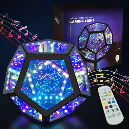 Dodecahedron Infinity Mirror Lamp - USB-Powered Shatterproof Plastic Novelty Lamp, 7 Preset Colors, 365 Modes, Color-Changing Customizable, Music-Sync, Timer Function, Mood Lighting, Gaming Setup Accessory, Sensory Gift for Adults