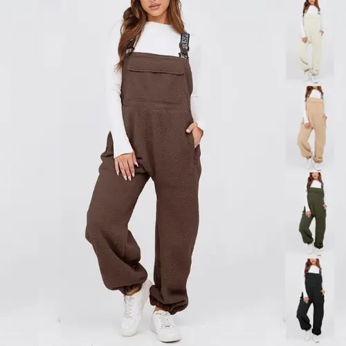 SCUSTY Womens Fleece Overalls 2024 Warm Winter Casual Loose Jumpsuits Sherpa Bib Overalls Fuzzy Ski Pants with Pockets