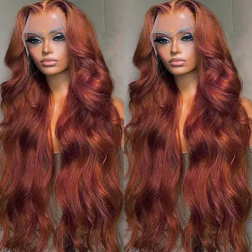 Bling Hair Female Dark Ginger Brown 13x4-13x6 Transparent HD Lace Front Wigs Human Hair, 180% Density Body Wave Pre-Plucked Heat Resistant Reddish Brown Pre-Plucked Wig (Back to School)