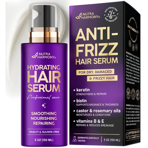 NUTRA HARMONY Hydrating Hair Serum For Frizzy, Dry and Damaged Hair - Leave-In Conditioner with Keratin | Biotin | Castor & Rosemary Oils | Vitamins B & E Treatment - Heat Protection - Paraben & Sulfate Free