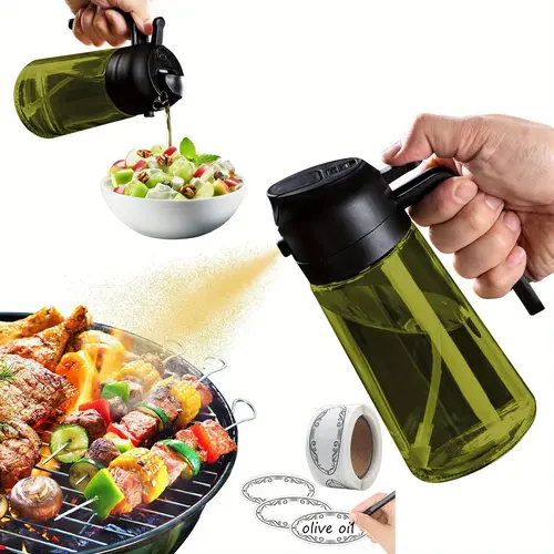 16 oz BPA-Free Dark Sturdy Glass Olive Oil Sprayer & Dispenser (Kitchenware) - Classic Oval 2-in-1 Spray+Pour Gadget with Handle, Hand Washable Black Utensil for Cooking, Grilling, Sturdy Glass for Daily Use, Included Label Stickers