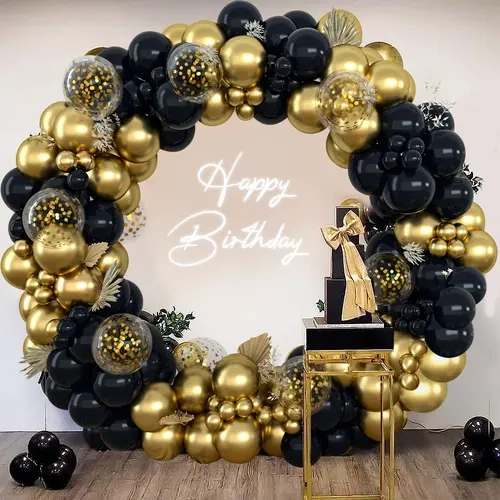 152pc Round Gold Black Latex & Confetti Balloon Arch Set - Easy Setup, Diverse Styles Decor for Wedding, Graduation, Baby Shower
