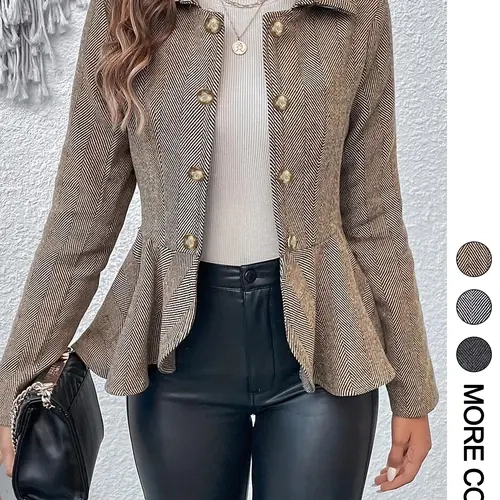 Women's Gingham Print Ruffle Hem Button Front Fitted Jacket, Coats, Casual Outerwears, Casual Long Sleeve Collared Fashionable Outerwear for Spring & Fall, Ladies Clothes for Daily Wear Everyday, Womenswear