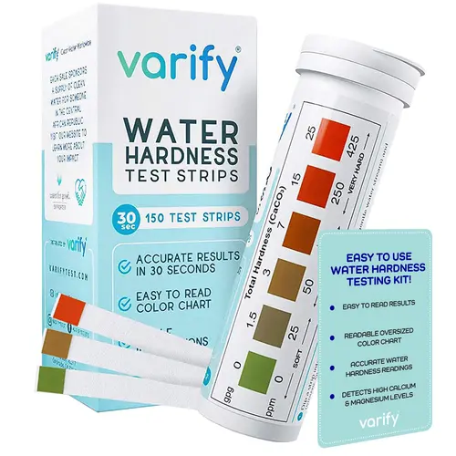 Varify Water Hardness Test Kit - 150 Hard Water Test Strips for Home, Drinking, Well, Spa, Swimming Pool, Softener, Dishwasher & More (0-425 ppm)