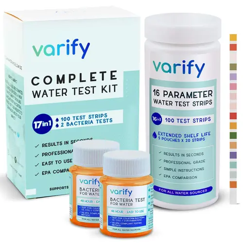 Varify 17-in-1 Water Testing Kit - 100 Strips, 2 Bacteria Tests, Fluoride, Lead-Test, Iron Checks, Color-Easy Reading, 17 Key Water Checks, Quick and Simple Assessment, 48-Hour Results, No Extra Tools, Home Well & Tap Use