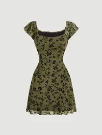 Women's All Over Floral Print Lettuce Trim Square Neck A-Line Dress, Boho Floral Dress, Y2k Casual Cap Sleeve Short Dress for Daily Wear, Ladies Clothes for All Seasons, Summer Womenswear