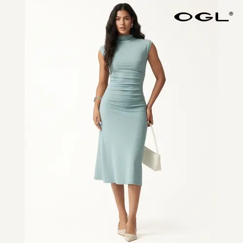 OGL Mockneck Tucks Midi Dress Casual Sleeveless Bodycon Midi Dress 90s outfits bodycon dress Chic Elegant Sleeveless Fall Deals For You