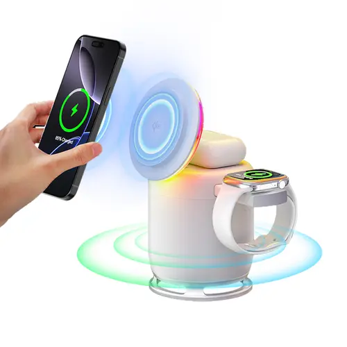 Vaiseke 3-in-1 Fold-and-Travel Magnetic Adjustable Portable Multi-Device Wireless Charger with Night Light, 45° Call Tilt, Minimalist EDC On-the-Go Kit for iPhone 16/15/14 Pro Max/13/12/11, Watch 10/9/8/7/6/5/4/3/2/SE, Ultra Series - Lightweight Charger